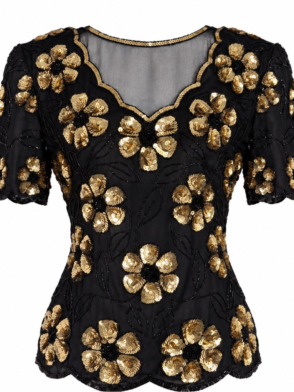 Vintage 1980s Stenay Black Gold Silk Sequin Beaded Floral Blouse Women's Small - Picture 1 of 6